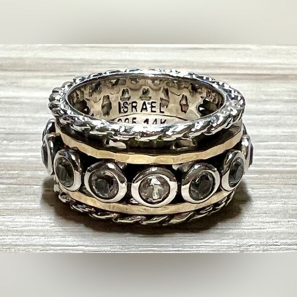 Designer Or Paz Sterling Silver & 14K Gold Cubic Zirconia Spinner Ring, Size 5.5 - Picture 2 of 7